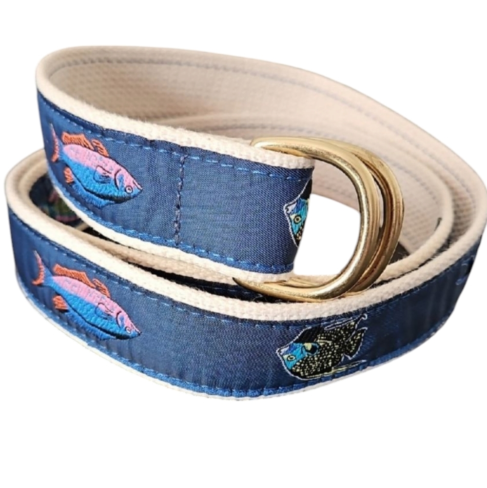 Leather Man Fish Patterned Canvas Belt with Gold Buckle, size large